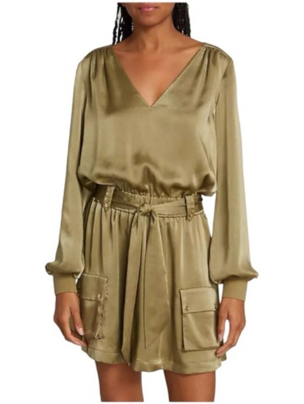 RAMY BROOK Kristi Dress Olive Green Satin Long Sleeve Size Large